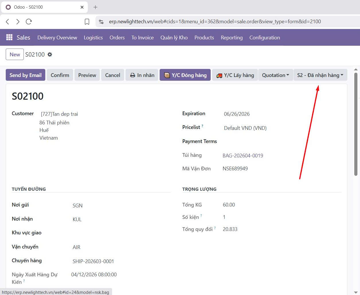 Odoo state S2 - Đã nhận hàng