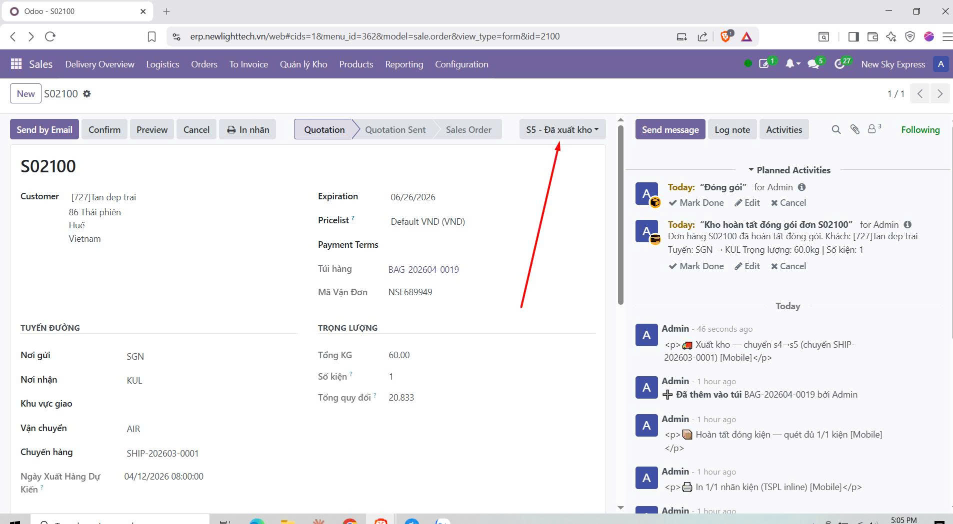 Odoo state S5 - Đã xuất kho