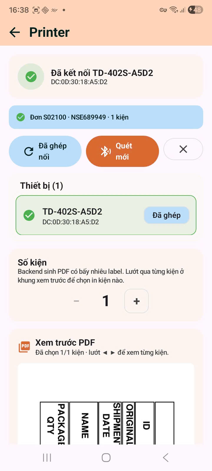 Máy in đã pair + context đơn + stepper số kiện + preview PDF nhãn