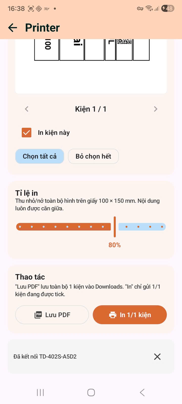 Printer screen scroll-down: Tỉ lệ in + In 1/1 kiện