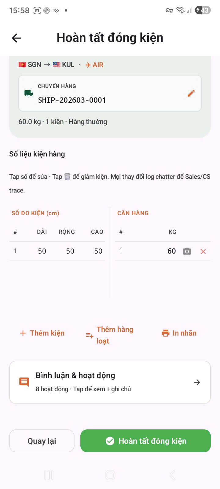 Hoàn tất đóng kiện scroll down