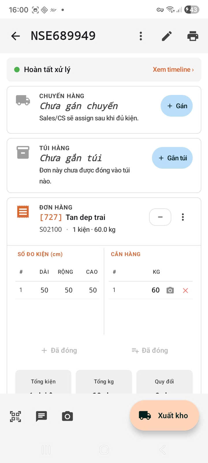 Đơn Hoàn tất xử lý sẵn sàng xuất kho