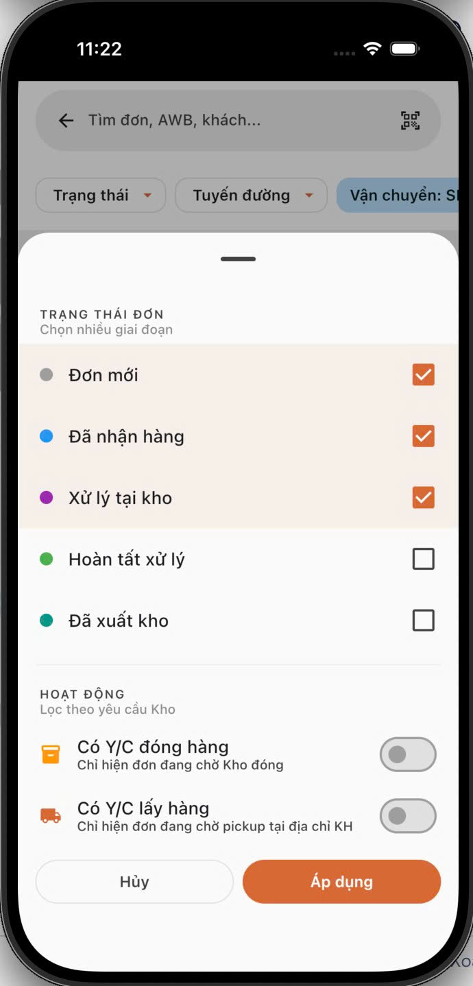 Filter trạng thái và hoạt động