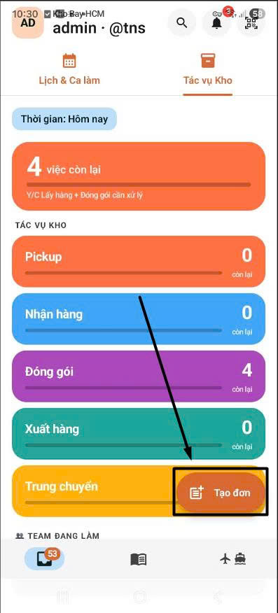 Trang Tác vụ Kho — nút Tạo đơn