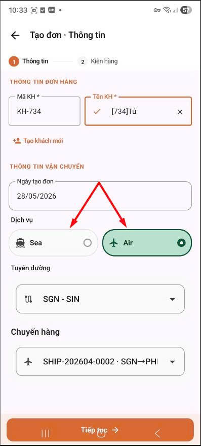 Chọn dịch vụ Air/Sea