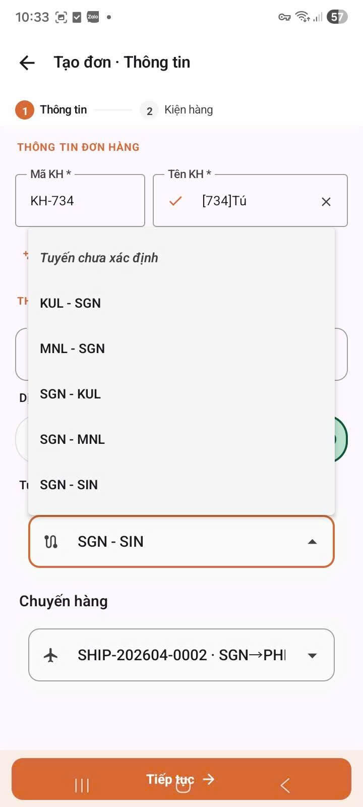 Dropdown chọn tuyến đường