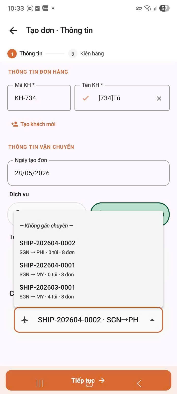 Dropdown chọn chuyến hàng