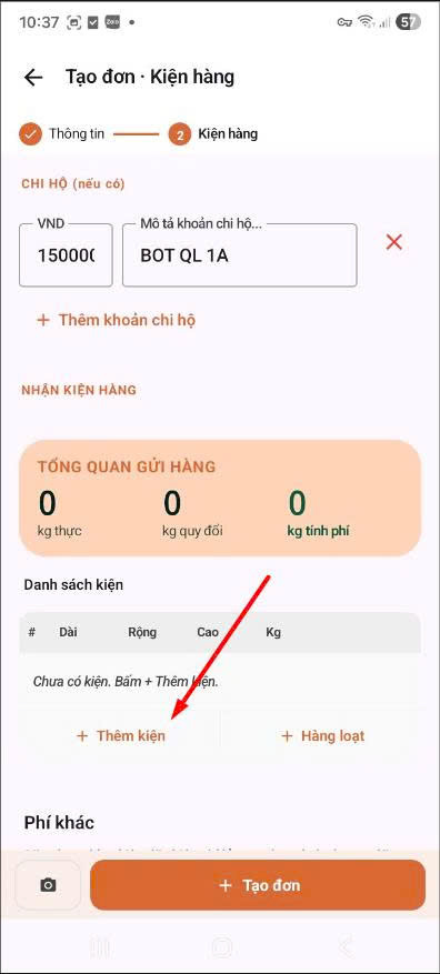 App — chi hộ đã điền, bấm Thêm kiện