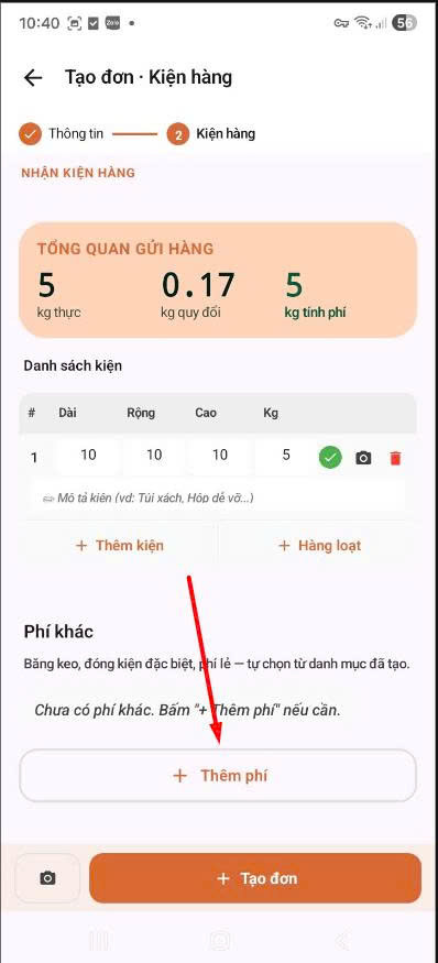 App — kiện đã nhập, bấm Thêm phí