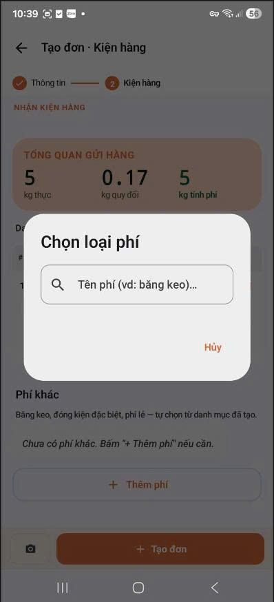 App — dialog Chọn loại phí