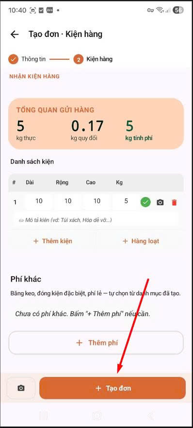 App — bấm + Tạo đơn