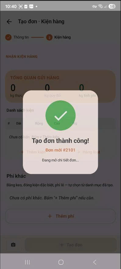 App — dialog Tạo đơn thành công #2101