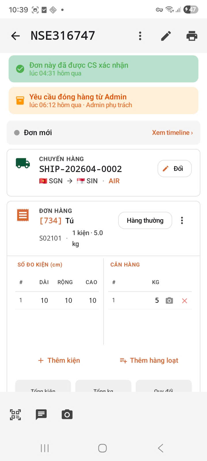App — chi tiết đơn S02101 trạng thái Đơn mới