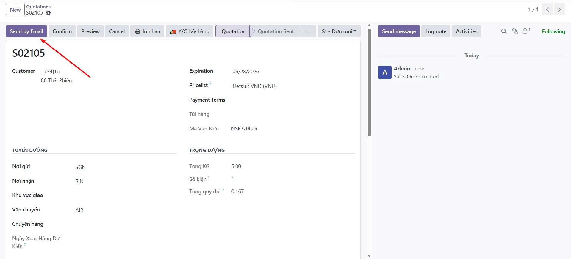 Odoo — bấm Send by Email