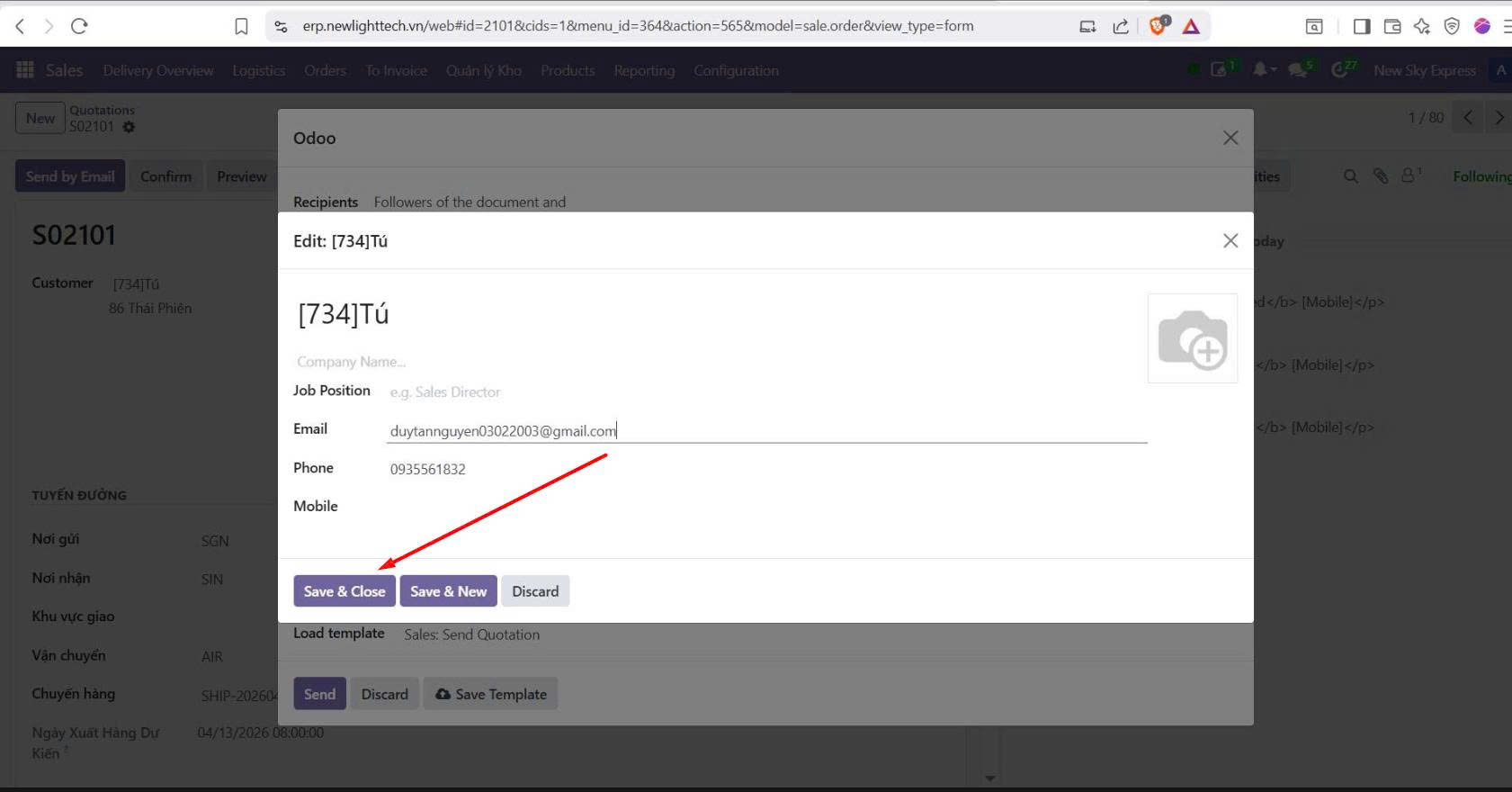 Odoo — bổ sung email khách