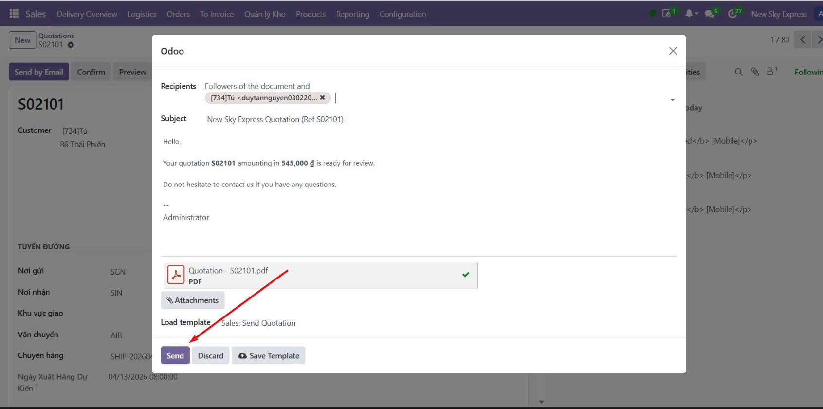Odoo — Send modal + Quotation PDF
