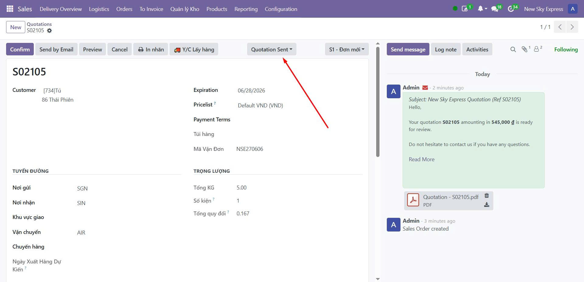Odoo — Quotation Sent
