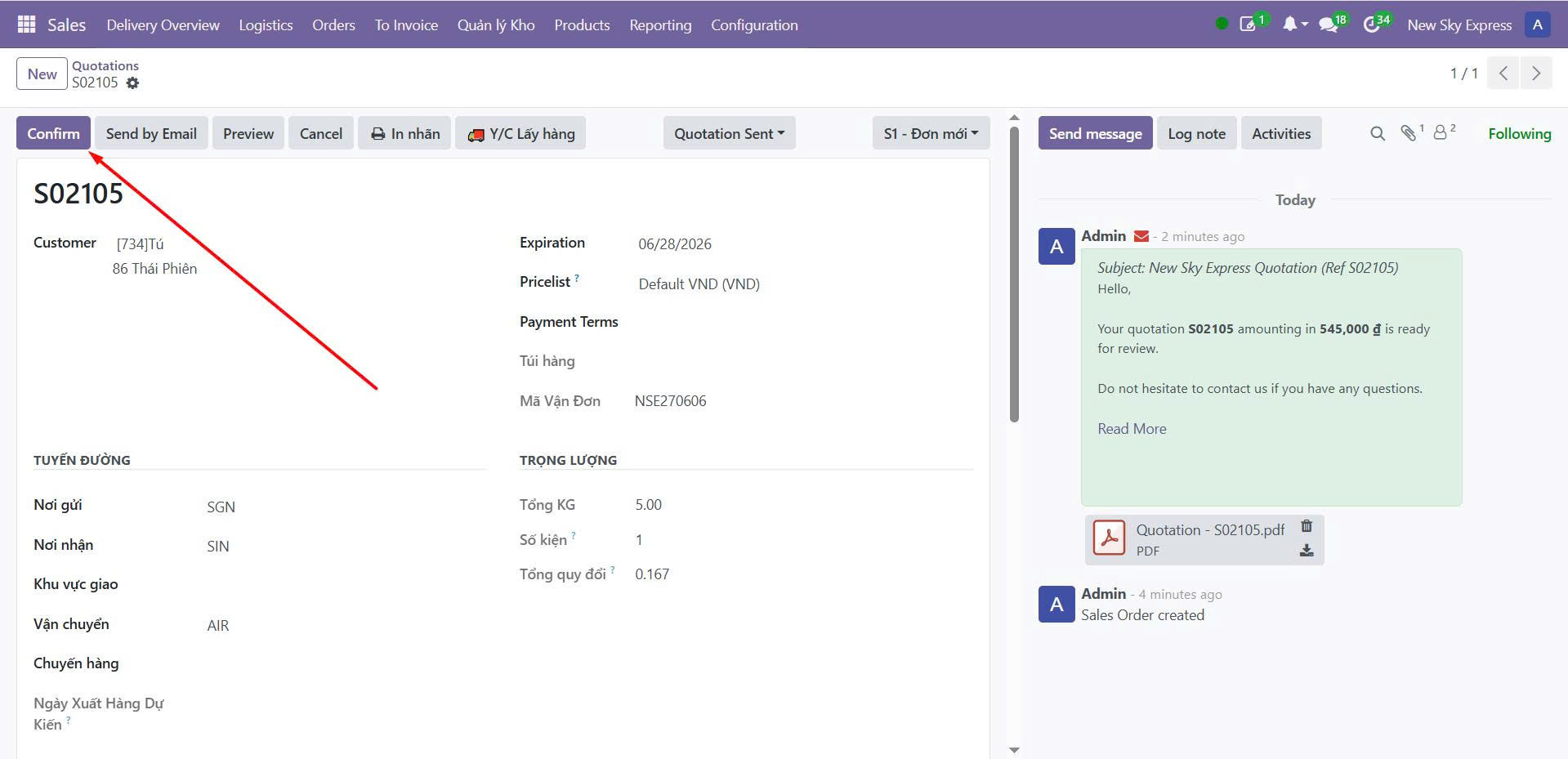 Odoo — bấm Confirm
