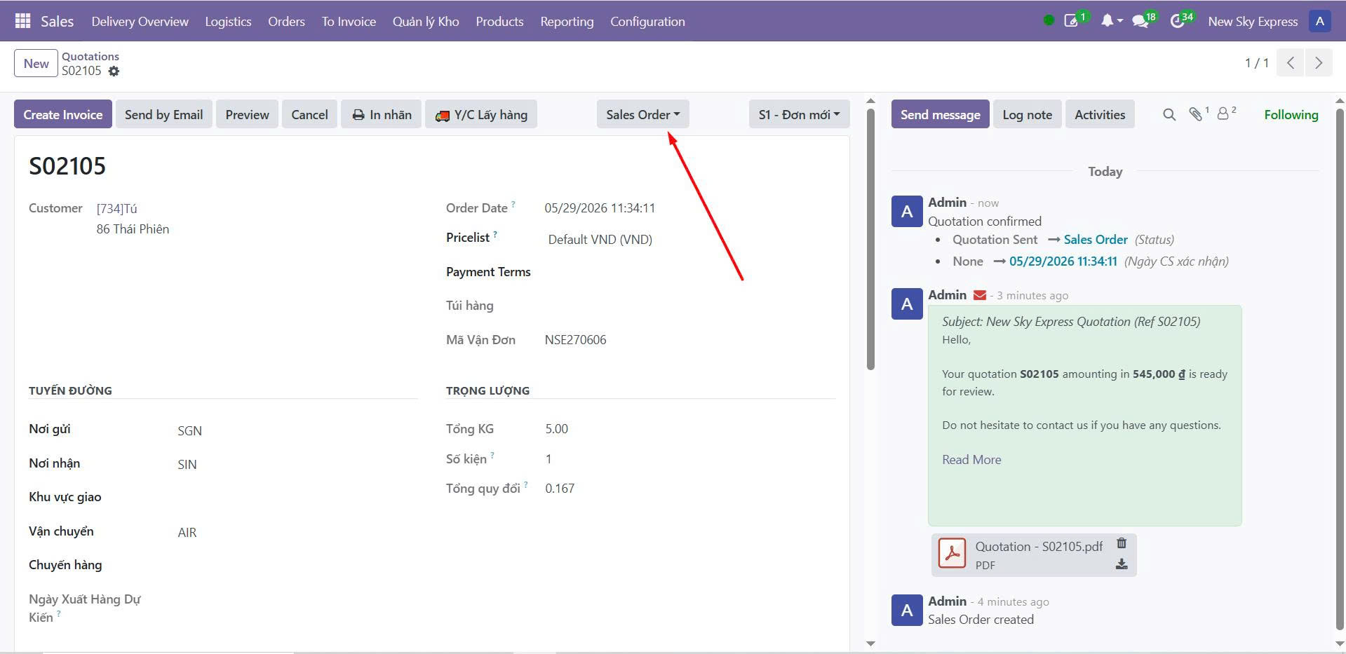 Odoo — Sales Order state