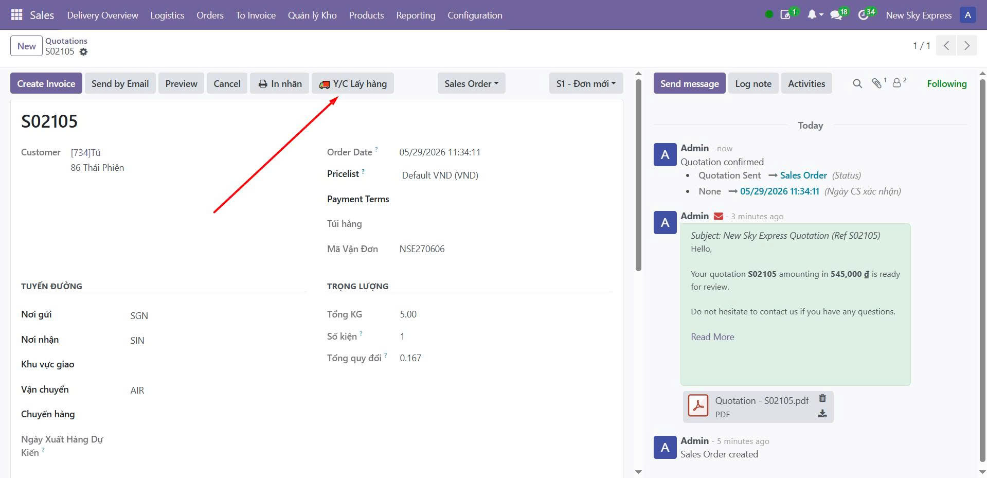 Odoo — bấm Y/C Lấy hàng