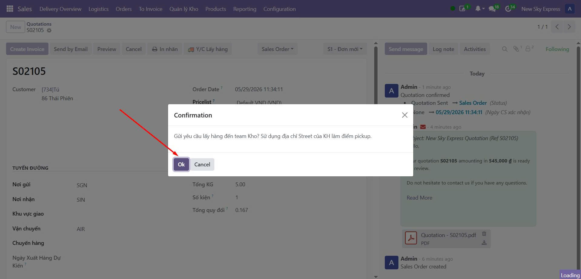 Odoo — dialog confirm Y/C lấy hàng