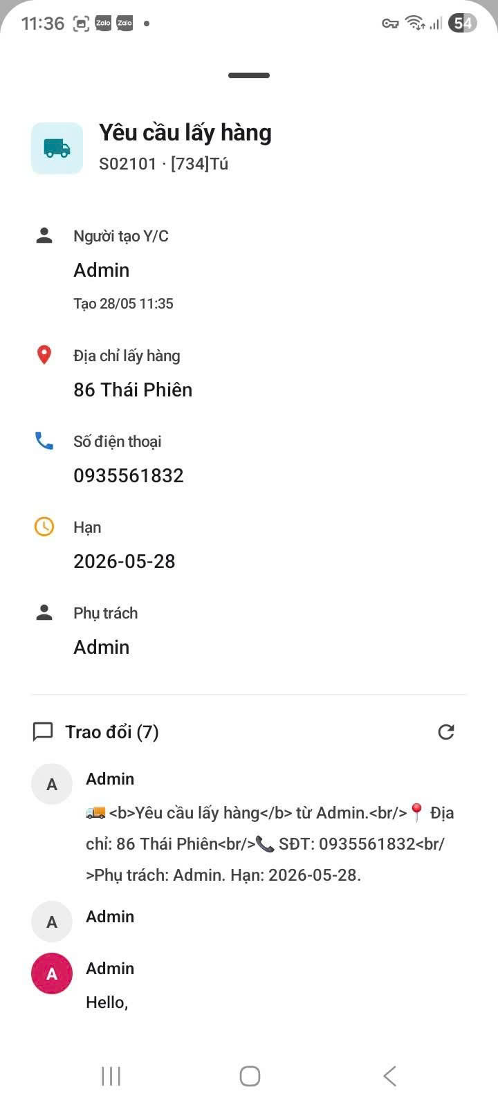 App — bottom sheet chi tiết Y/C