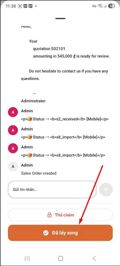 App — nút Đã lấy xong