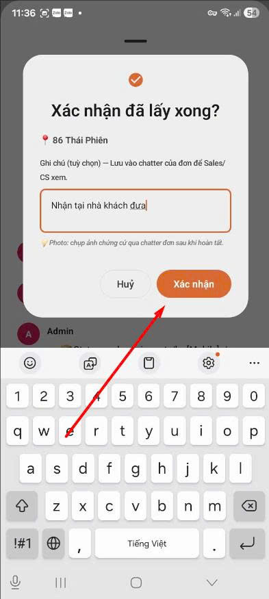 App — dialog xác nhận đã lấy xong