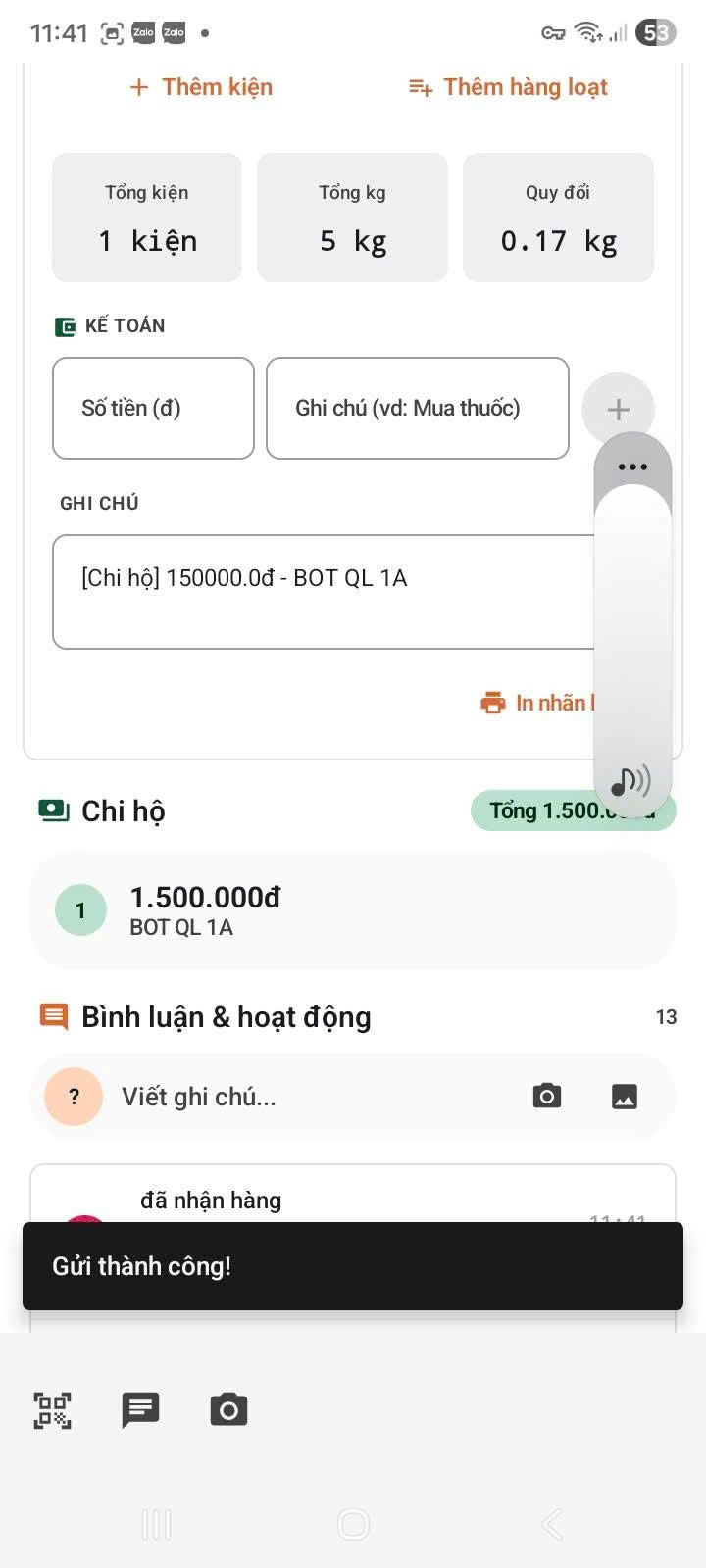 App — toast gửi thành công
