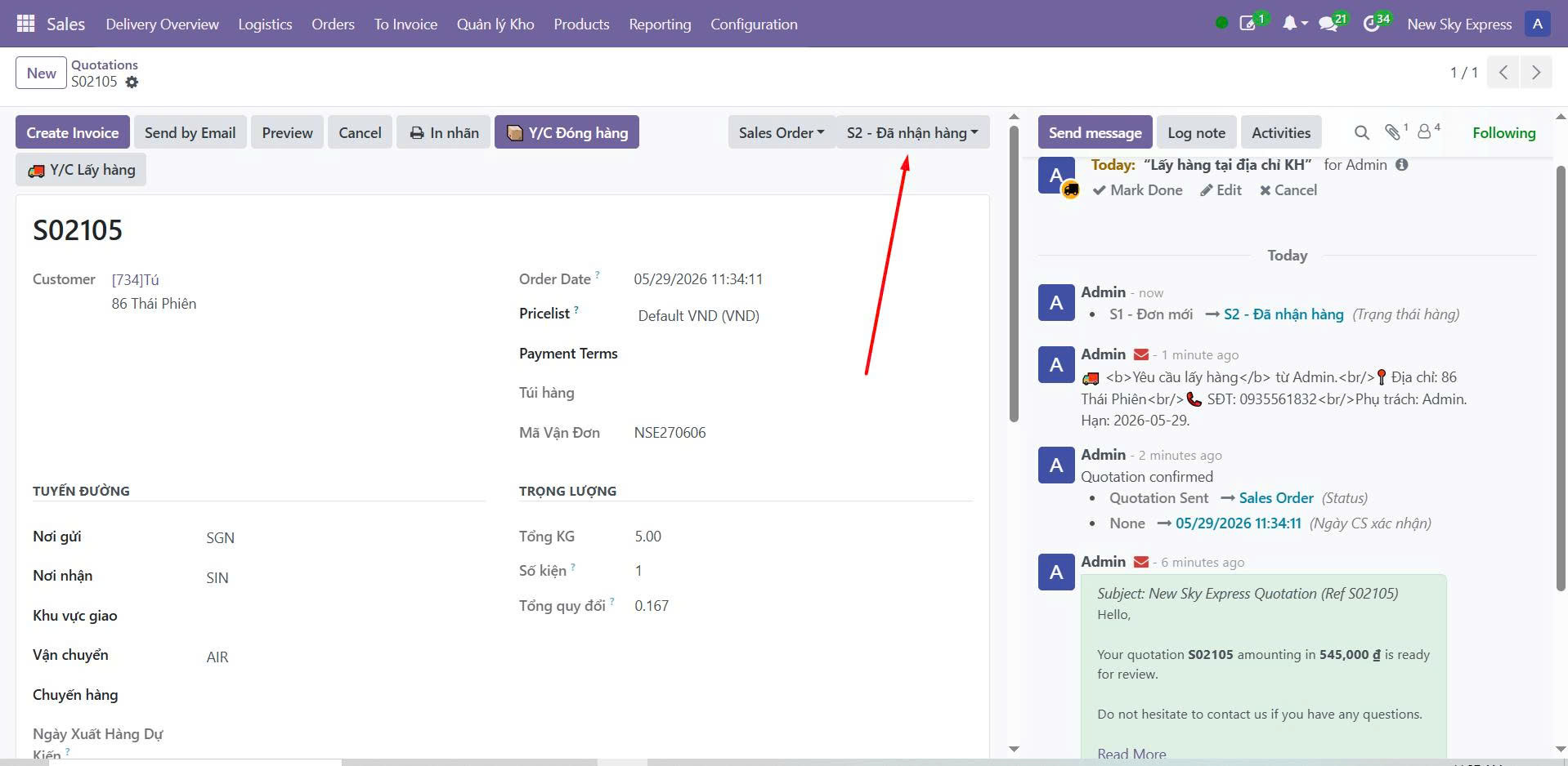 Odoo — bấm Y/C Đóng hàng