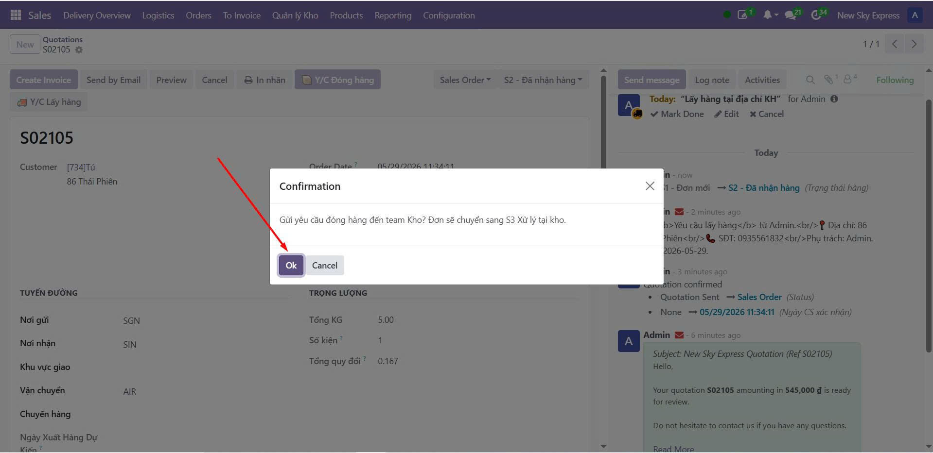 Odoo — dialog Y/C đóng hàng chuyển S3