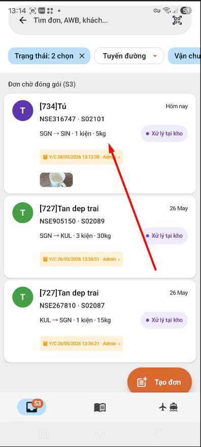 App — inbox Đơn chờ đóng gói S3