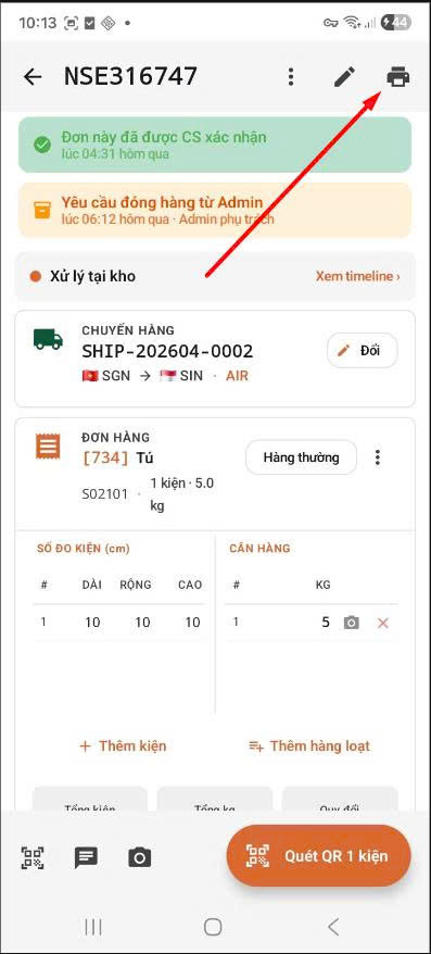 App — bấm icon máy in trên order detail