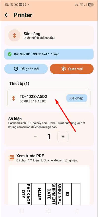App — màn Printer kết nối máy in