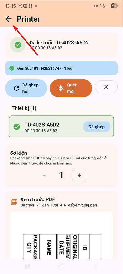 App — Printer đã kết nối, bấm back