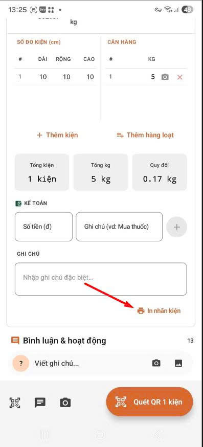 App — order detail bấm In nhãn kiện
