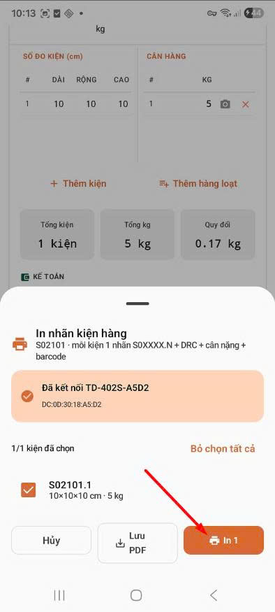 App — bottom sheet In nhãn kiện hàng
