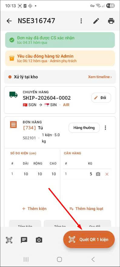 App — order detail bấm Quét QR 1 kiện