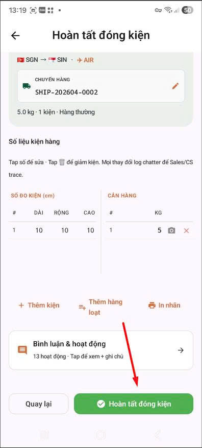 App — nút Hoàn tất đóng kiện