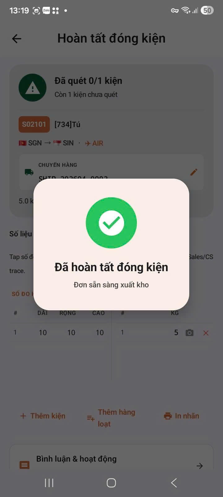 App — dialog đã hoàn tất đóng kiện