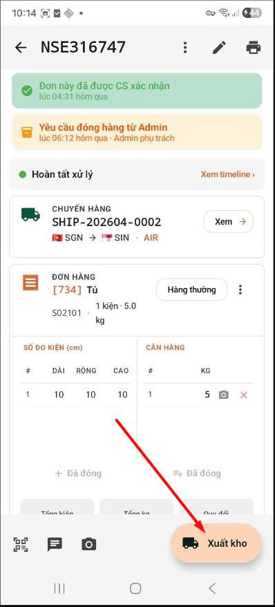 App — order detail S4 bấm Xuất kho