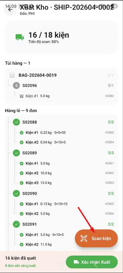 App — màn Xuất Kho chuyến, bấm Scan kiện