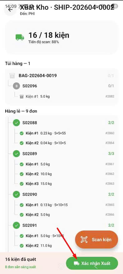 App — Xuất Kho chuyến, bấm Xác nhận Xuất