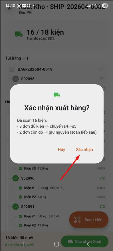 App — dialog xác nhận xuất hàng